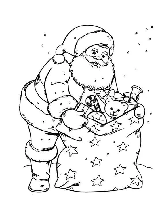 Papai Noel com sacola de presentes para colorir