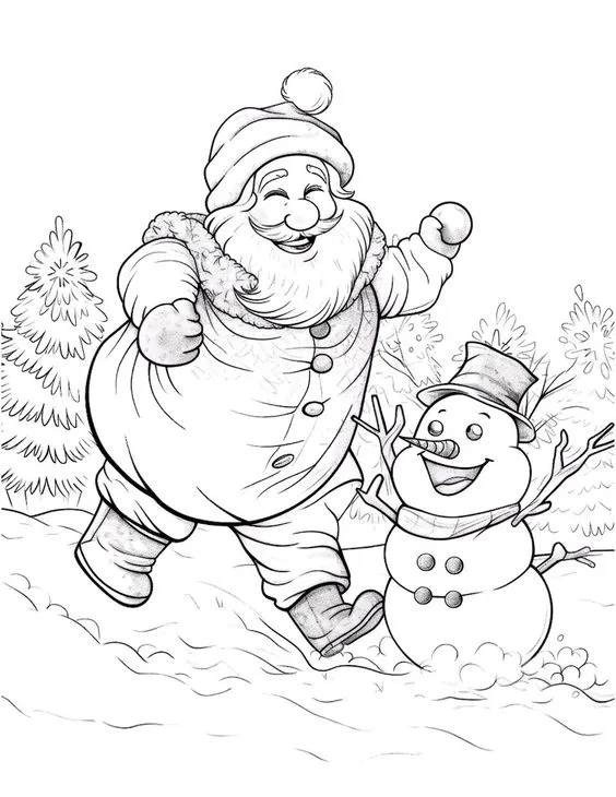 Papai Noel com boneco de neve para colorir