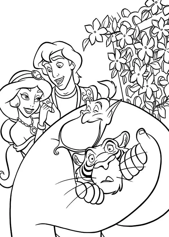 Desenho da Jasmine com Aladdin o gênio da lâmpada e Rajah para colorir