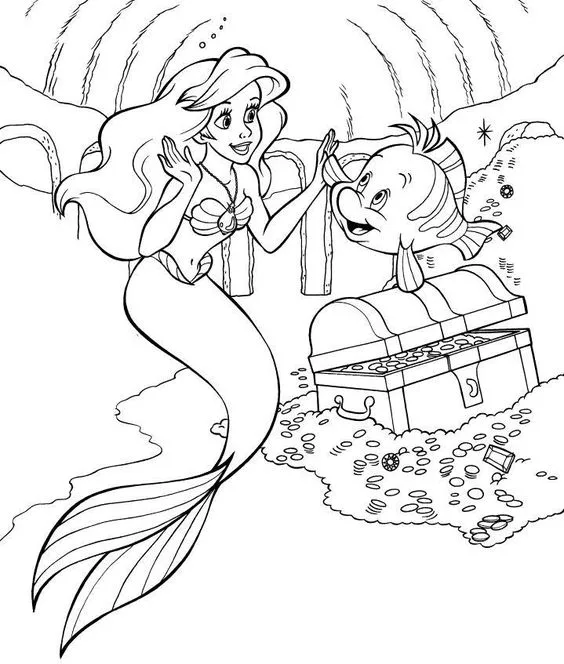 Desenho da Princesa Ariel e linguado com  o ouro para colorir