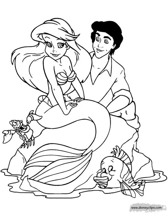 Desenho da princesa Ariel e seus amigos e o príncipe para colorir