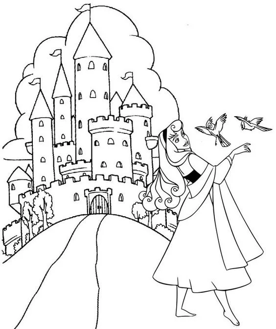 Desenho da Aurora com pássaros no castelo para colorir