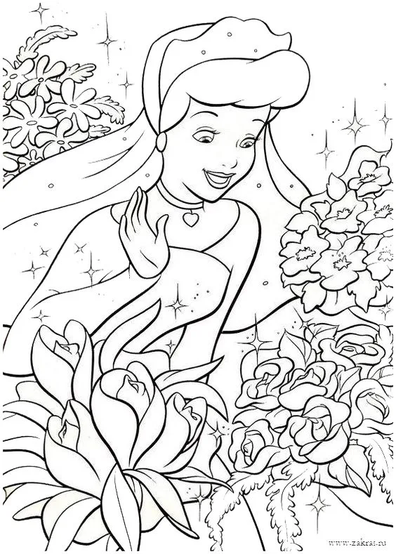 Desenho da Cinderela com flores para colorir