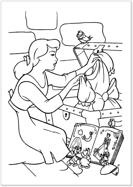 Desenho da Cinderela guardando seu vestida para colorir