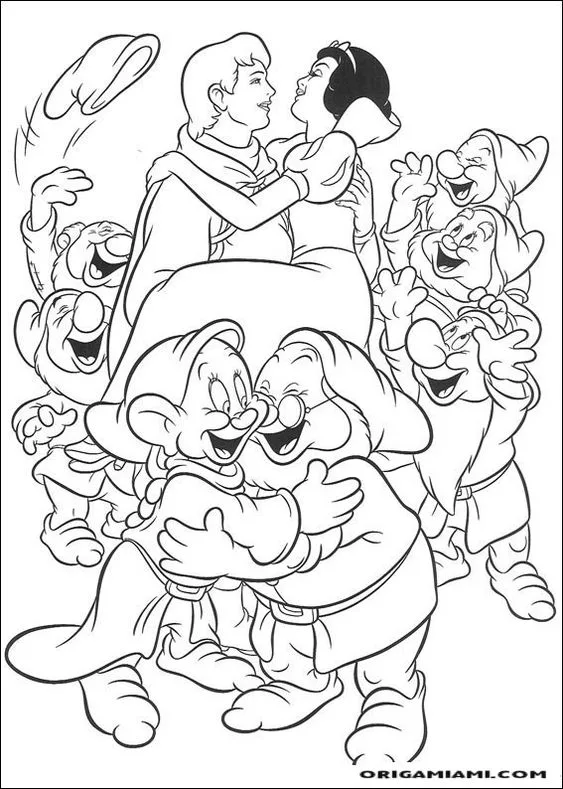 Desenho da princesa banca de neve e os sete anões e o príncipe para colorir