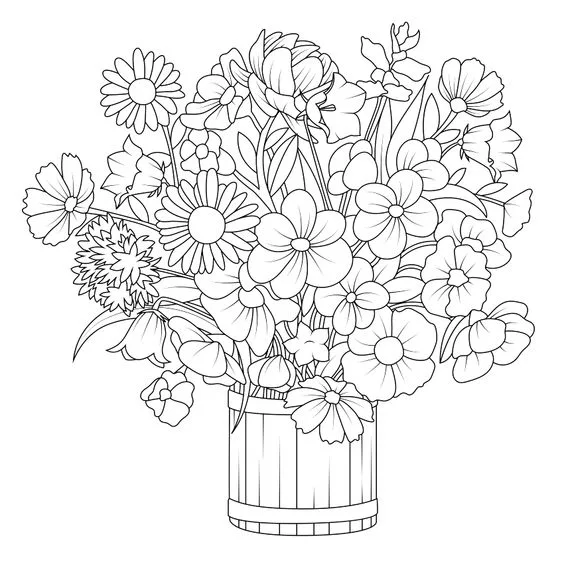 Desenho de flores no balde para colorir