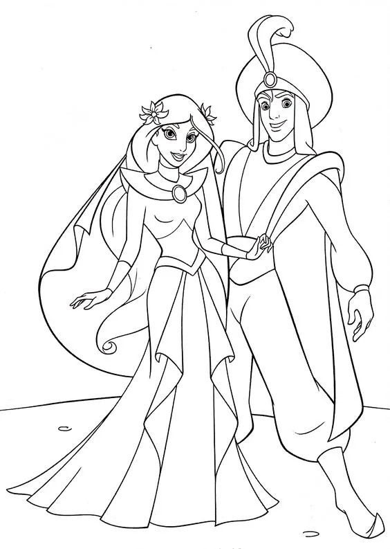 Desenho da princesa Jasmine e Aladdin para colorir