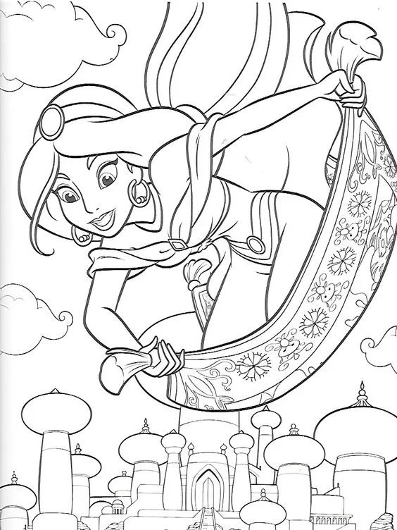 Desenho da princesa Jasmine voando no tapete mágico para pintar