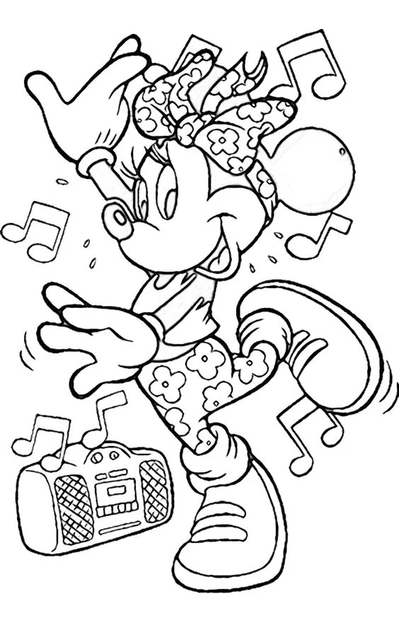 Desenho Minnie Mouse escutando música para colorir