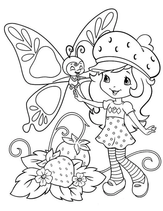 Desenho da moranguinho com borboleta para colorir