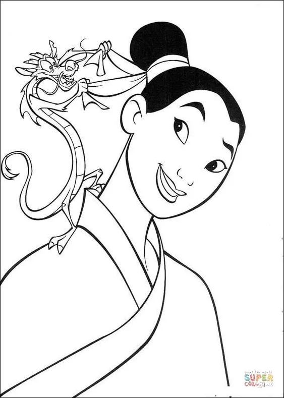 Desenho da Mulan e Mushu para pintar