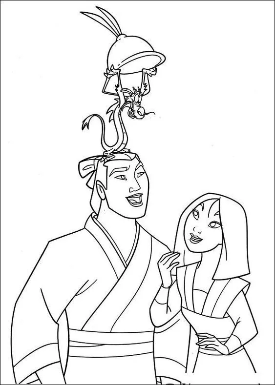 Desenho da Mulan e seu amado para colorir