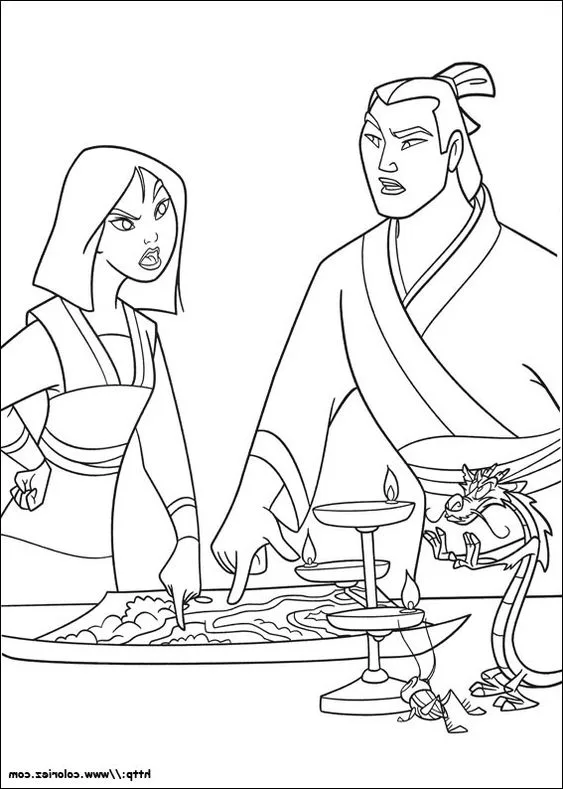 Desenho da Mulan e Capitão Lee Shang para colorir