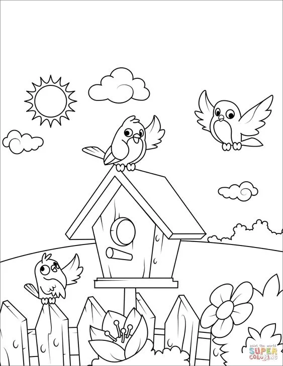 Desenho de pássaros no sua casinha para colorir 