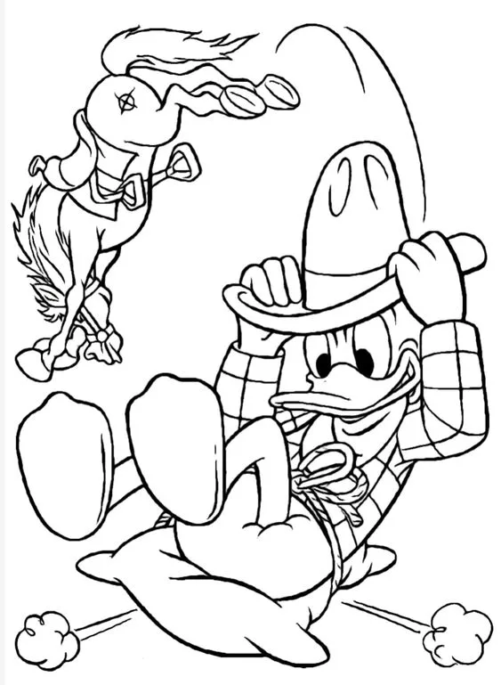 Desenho Pato Donald caindo a cavalo para colorir