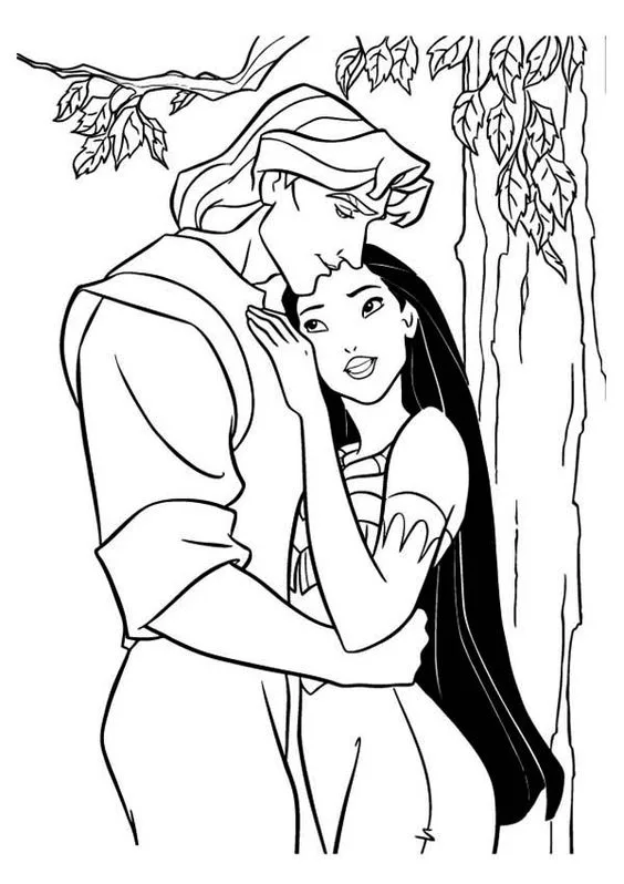 Desenho da Princesa Pocahontas e John Smith para colorir