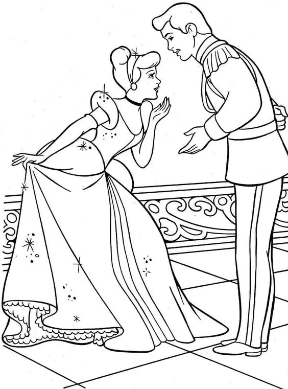 Desenho da Cinderela com o príncipe para colorir