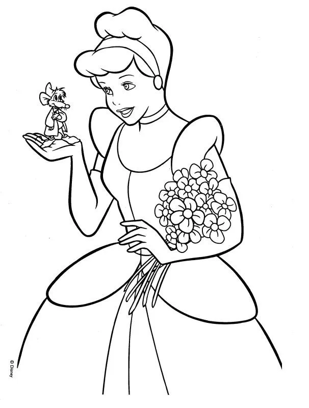 Desenho da Cinderela com flores para colorir