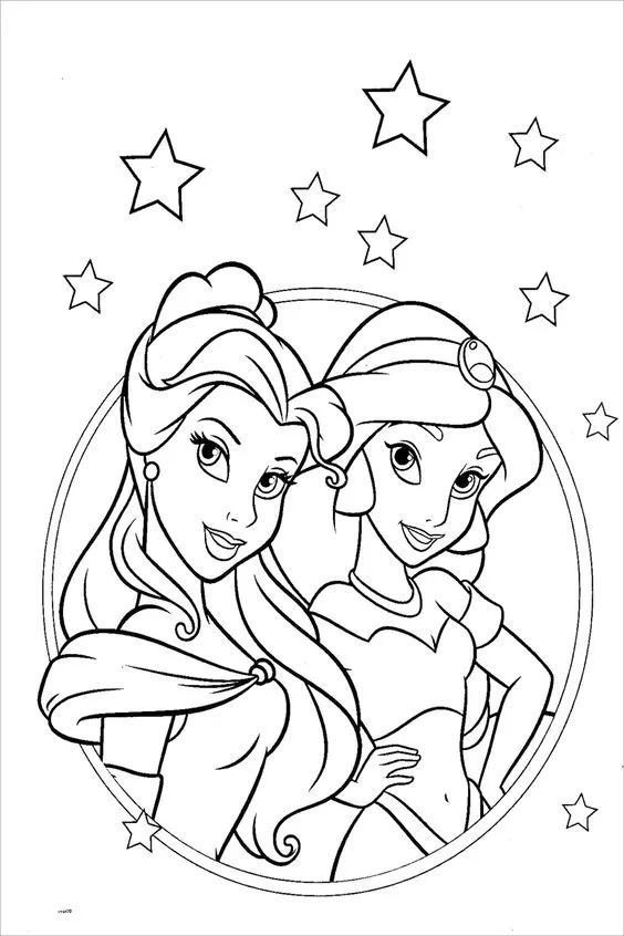 Desenho das princesas Bela e Jasmine para colorir