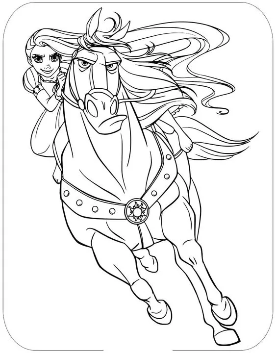 Desenho da Rapunzel e o cavalo para colorir