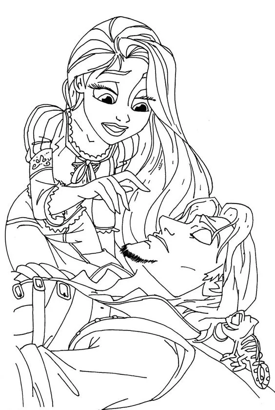 Desenho da Rapunzel e o príncipe adormecida para colorir