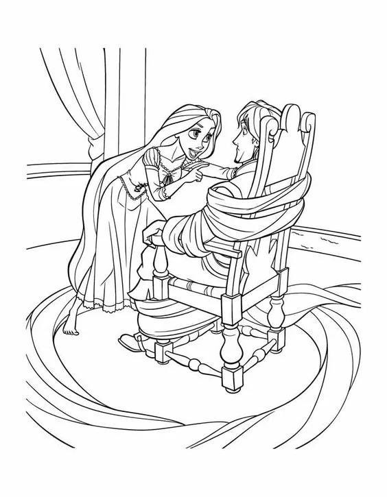 Desenho da Rapunzel amarando o príncipe para colorir