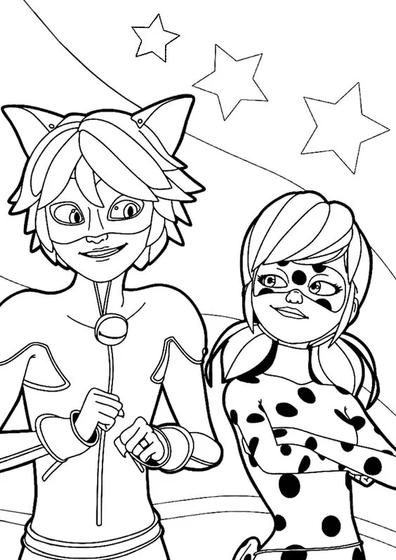 Desenho da Ladybug e do Cat Noir para pintar