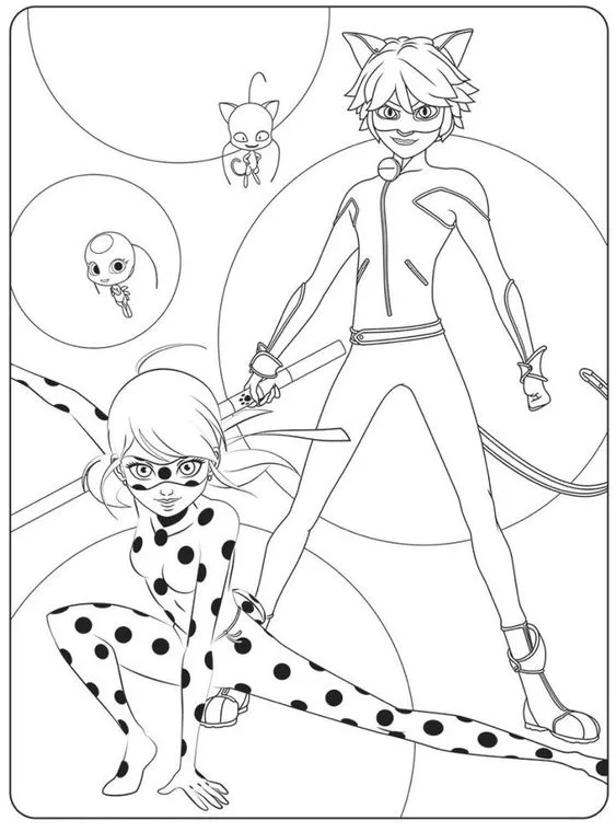 Desenho da Ladybug e do Cat Noir para imprimir e pintar